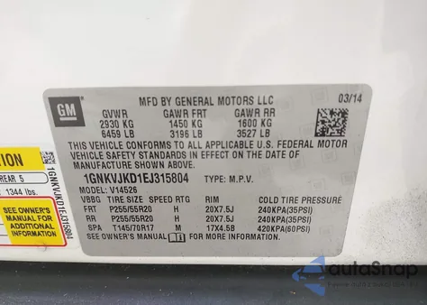 2014 Chevrolet Traverse Ltz from USA, damaged, VIN 1GNKVJKD1EJ315804